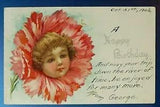 Childs Face in Flower Carnation-Antique Happy Birthday Postcard 1906 Brundage