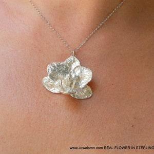 Orchid plant chain Necklace pendant in recycled sterling silver 925.Big Organic Jewelry symbolizes Innocence, Purity, Elegance, Reverence