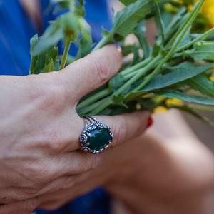 Green Agate Roses Bouquet Silver Ring, Big gemstone ring, Oval ring