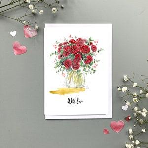 Happy Valentines red roses card, rose card, Valentine roses card, roses bouquet painting personalised card