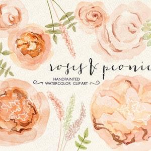 Watercolor peonies, juliet roses, hand painted anemones, ranunculus, wedding flowers, peach bouquet florals, clipart, watercolour invitation