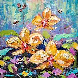 Yellow Orchid Painting Floral Original Art Flowers Impasto Wall Art Honeybee Artwork 10" by 10"
