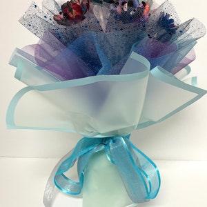 Rose Galaxy flower bouquet, black blue purple orange colors, wedding flower, birthday present, Mother??s Day, graduation