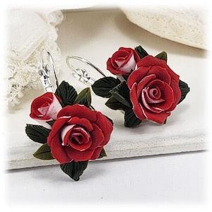 White Red Rose Bouquet Earrings | Realistic Red Hybrid Tea Rose Earrings | Red Rose Jewelry | Hand Sculpted Unique Red Rose Earrings