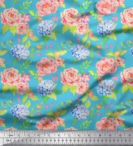 Soimoi Blue Velvet Fabric Periwinkle & Peony Floral Print Fabric-fpD