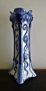 BOMBAY TALL BLUE & WHITE STONEWARE VASE ~ LILY PADS ~ 13-3/4" TALL ~ FLOWERS ~