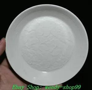 5" Old Chinese Dynasty Ding Kiln Porcelain Peony Flower Pattern Plate Dish Tray