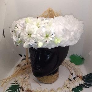 White head crown with tahitian tiara and mini white lilies