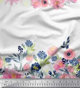 Soimoi White Cotton Poplin Fabric Ranunculus & Chrysanthemum Floral-5IB