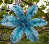 5.5" WIRED LARGE BLUE GLITTER FLOWER LILY CLIP-ON CHRISTMAS ORNAMENT