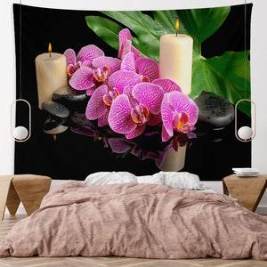 Zen Tapestry Relaxing Wall Tapestry Orchid Spa Zen Massage Stones Wall Hanging Living Room Bedroom Decor, Candle, Green Plant Spiritual