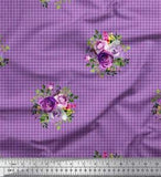Soimoi Purple Cotton Poplin Fabric Leaves & Ranunculus Check Decor-5Tc