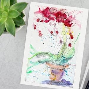 Red flowers watercolor orchid pot painting Orchid art art Flowers orchid Plant Floral art botanical art Potted Orchid Painting potted plant