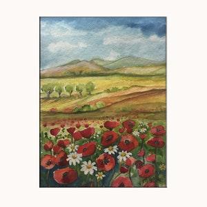 Handpainted Watercolor Original Artwork - Poppy Field