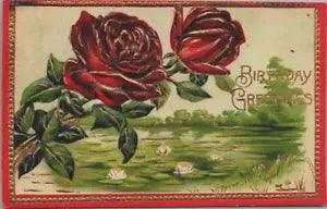 Vtg Postcard Happy Birthday Greetings Red Roses Embossed Lily PondScene 1910's