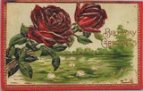 Vtg Postcard Happy Birthday Greetings Red Roses Embossed Lily PondScene 1910's