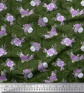 Soimoi Green Cotton Poplin Fabric Circle & Peony Floral Print Fabric-J8E