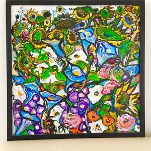 Flowers Acrylic Painting, flowering meadow, Original wildflowers, Blue Bells Sunflowers White petunias meadow, Size 19.6x19.6 in (50x50cm)