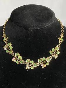 Vintage Green Gold Tone & AB Lily Pad Link Necklace Estate