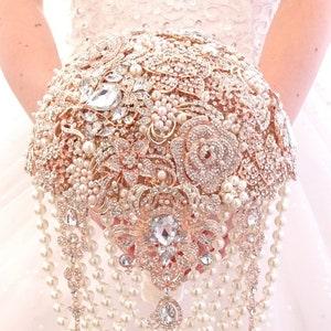 Wedding bouquet Pearl cascading Luxury full jeweled rose gold brooch bouquet.