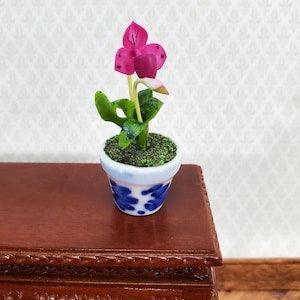 Dollhouse Miniature Orchid Lady Slipper Pink Flowering Plant in Ceramic Pot 1:12 Scale