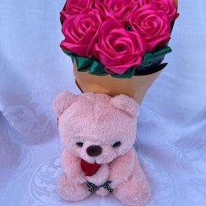 Valentine??s Day Gift, Flowers With Teddy Bear, Pink Eternal Rose Bouquet, Ever Lasting Artificial Flower Arrangement, Shower Gift
