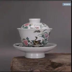 4.8" Qing dynasty yongzheng mark Porcelain famille rose peony flower bird Teacup