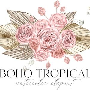 Boho Tropical Watercolor Flowers. Rust  Beige fall FLOWERS. Orchid Flowers Dry Palm Leaves Watercolor clipart.