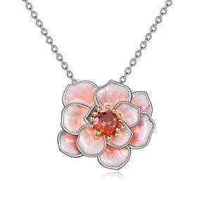 YFN Pink Peony Flower Pendant Necklace Sterling Silver Enamel Flower Jewelry ...
