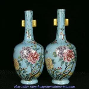8"" Yongzheng Marked Color Enamel Porcelain Gilt Dynasty Peony Flower Vase Pair