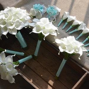 Wedding Package-Ivory White Calla Lilies Real Touch Flowers Bridal Bouquet Boutonnieres
