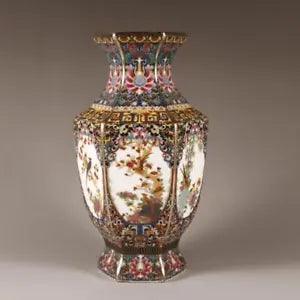 9.6" Chinese Qing Porcelain Colour Enamels Bird Tree Peony Flower Six Sides Vase