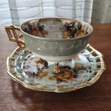 Lustreware Tea Cup Hand Painted Golden Brown Roses Fine Bone China Porcelain, Vintage Footed Treble Clef Cup and Reticulated Saucer, Japan