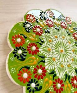 Ceramic Handmade Hand Painted Scalloped Turkish Trivet Green Carnations