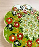Ceramic Handmade Hand Painted Scalloped Turkish Trivet Green Carnations