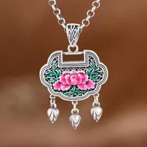 New S990 Fine Silver Women Pendant Pink Enamel Peony Flower Pendant