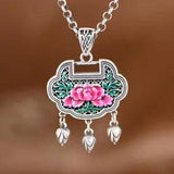 New S990 Fine Silver Women Pendant Pink Enamel Peony Flower Pendant