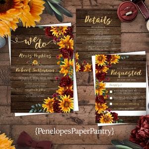 Rustic Sunflower Fall Wedding Invitation,Sunflowers,Burgundy Roses,Barn Wood,Calligraphy,Gold Print,Shimmery,Printed Invitation,Wedding Set