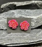 Handmade Resin Earrings -  Red Sparkle Carnation Flower ?? Stud Earrings