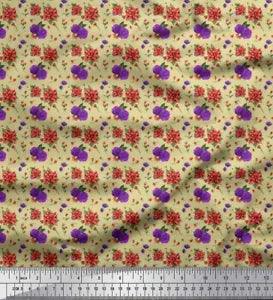 Soimoi Beige Cotton Poplin Fabric Ranunculus & Chrysanthemum Floral-erd