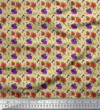 Soimoi Beige Cotton Poplin Fabric Ranunculus & Chrysanthemum Floral-erd