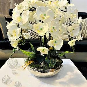 CHAMPS Elysee  PARIS - Floral Orchids arrangement with SILK flowers in Silver hammered effect Bowl - White orchid - 24cm -Christmas days