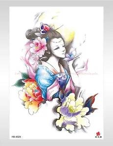 fake tattoo  sexy geisha woman peony flower large 8.25"