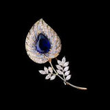 Gold Plated Blue Clear CZ Cubic Zirconia Calla Lily Flower Leaf Brooch Pin