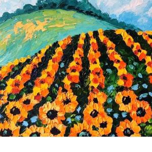 Sunflowers Field Painting Ukrainian Landscape Original art  Impasto Oil Painting Ukrainian Art 10 by 10 by OlyaARTStudio