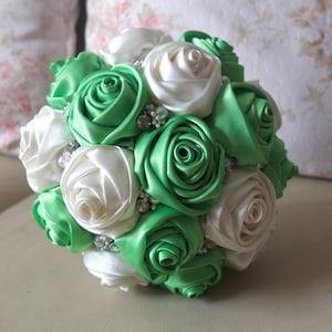 Satin Rose Bouquet, Ribbon Rose Bouquet,  White & Green Fabric Rose accented with rhinestone