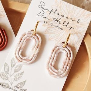 Gold and White Oval Mini Hoop Polymer Clay Earrings