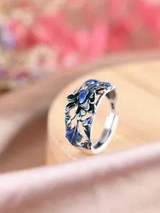 F05 Ring Blue Peony Leaves Sterling Silver 925 Adjustable Size