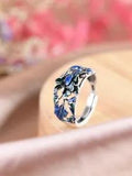 F05 Ring Blue Peony Leaves Sterling Silver 925 Adjustable Size