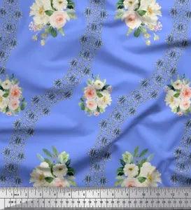 Soimoi Blue Velvet Fabric Camellias & Ranunculus Floral Print Fabric-Avq